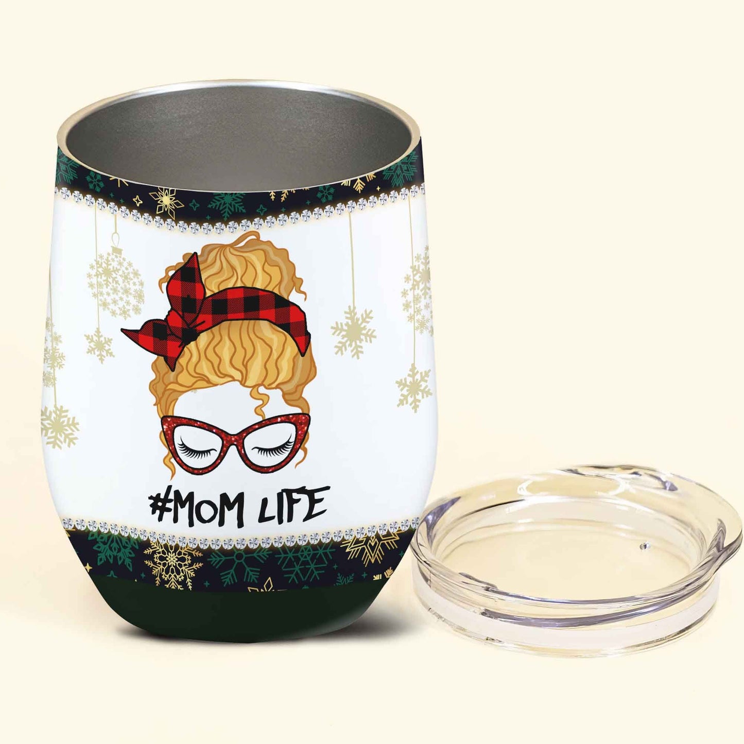 Christmas Red Tartan Bun Mom Life Personalized Wine Tumbler