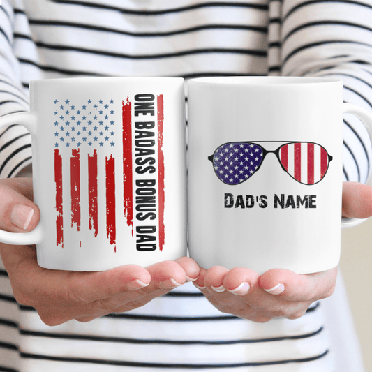 Stepdad Gifts One Badass Bonus Dad Mug USA Patriot Personalized Gift