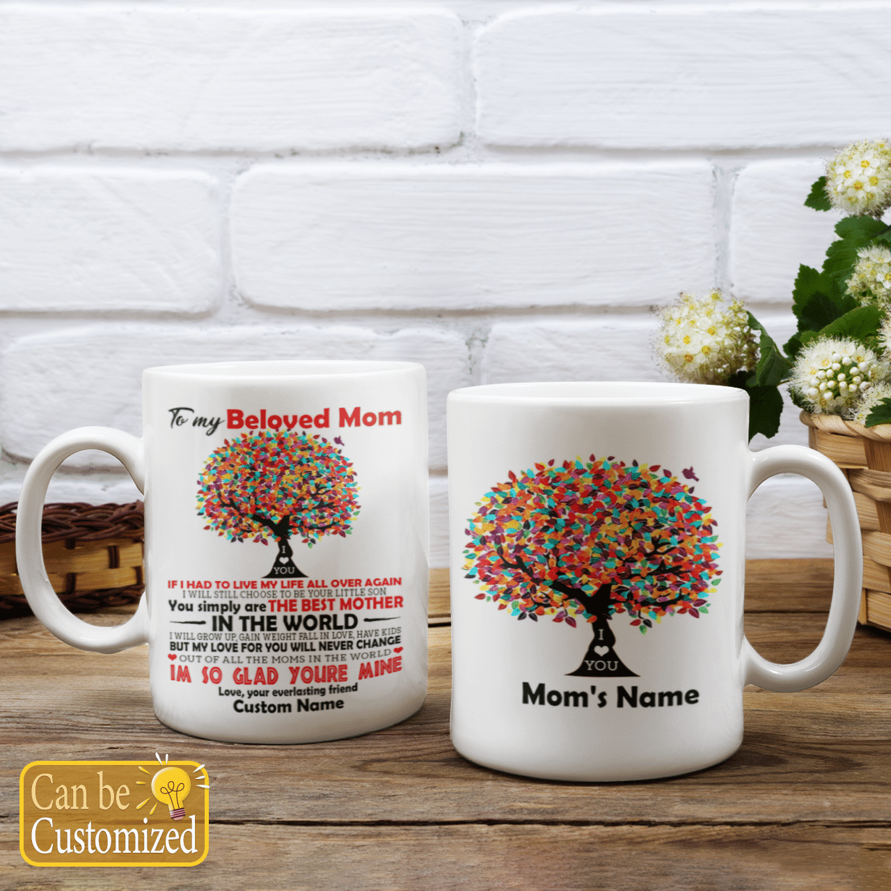 To My Beloved Mom Custom Name Mug From Son With Colorful Tree Art