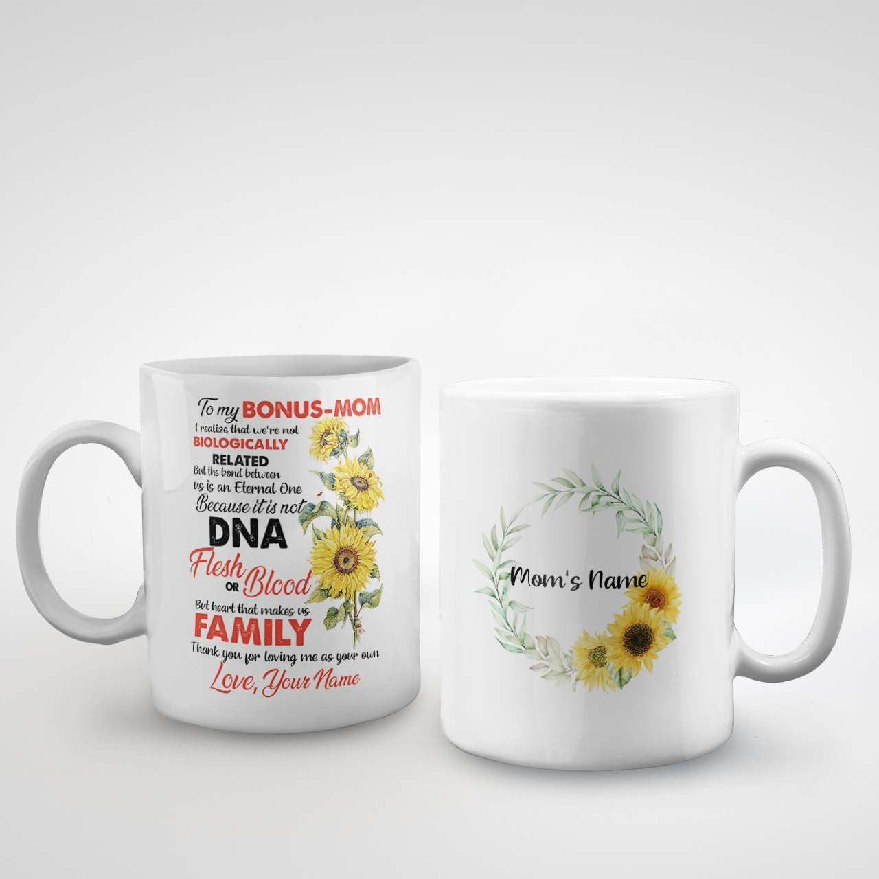Custom Name Mug To My Bonus Mom With Sunflowers And Meaningful Quote