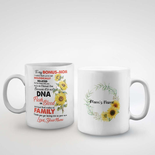 Custom Name Mug To My Bonus Mom With Sunflowers And Meaningful Quote