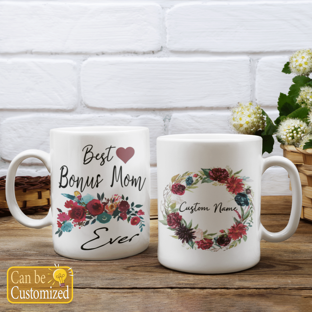 Custom Name Mug Best Bonus Mom Ever With Floral Art