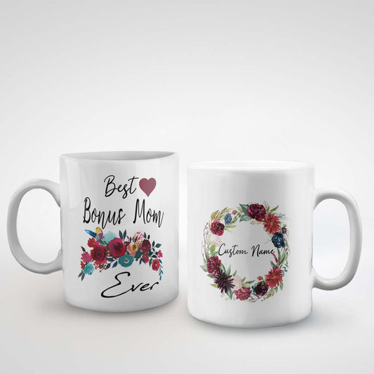 Custom Name Mug Best Bonus Mom Ever With Floral Art
