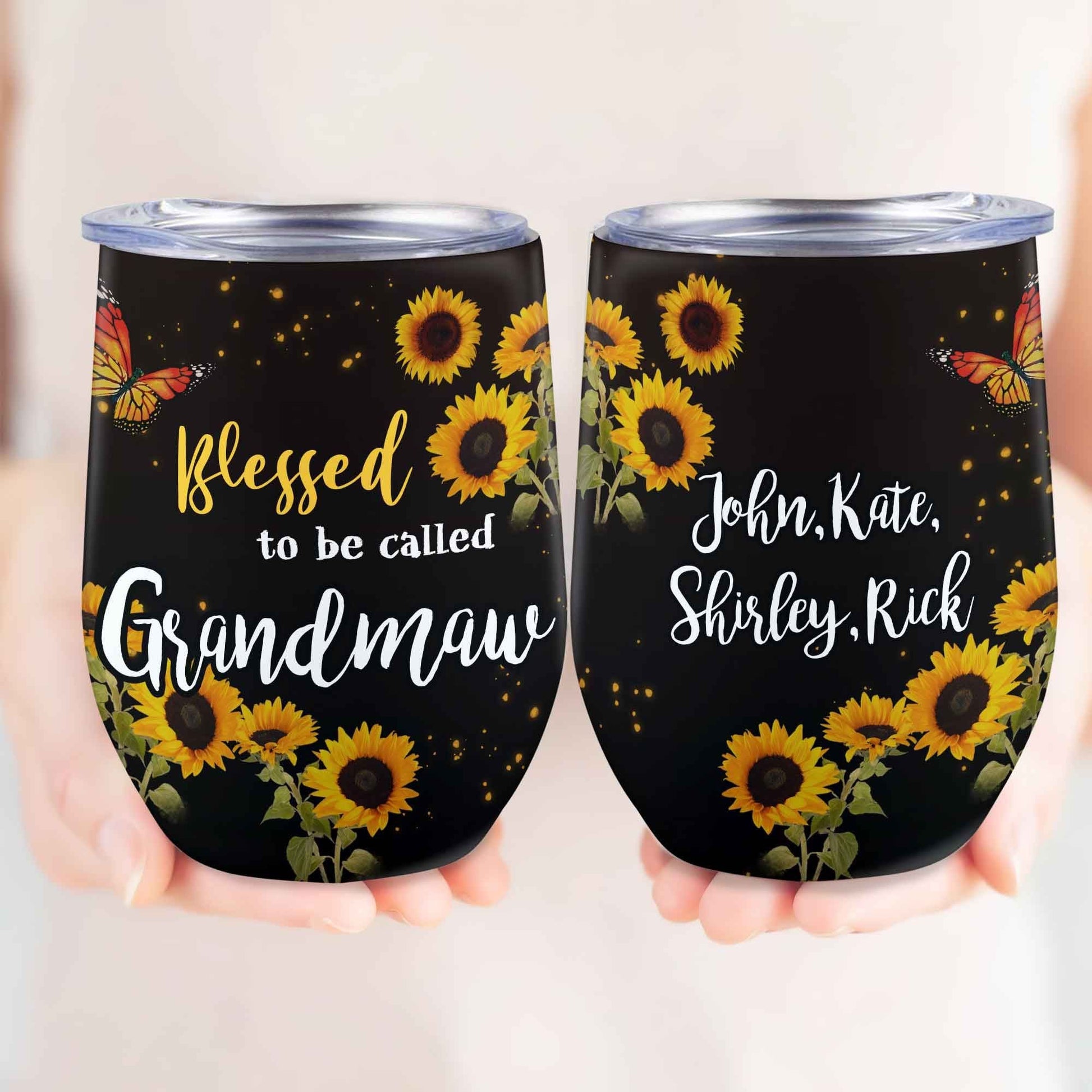Blessed To Be Called Grandma Personalized Wine Tumbler Custom Sunflower Gift For Mom