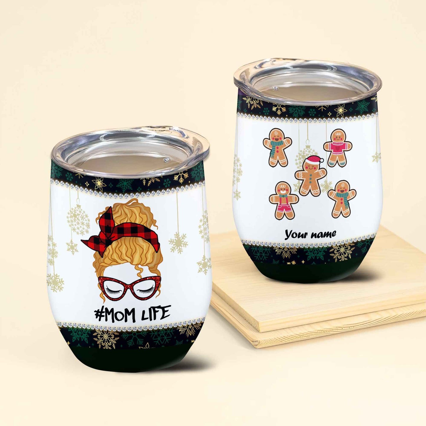 Christmas Red Tartan Bun Mom Life Personalized Wine Tumbler