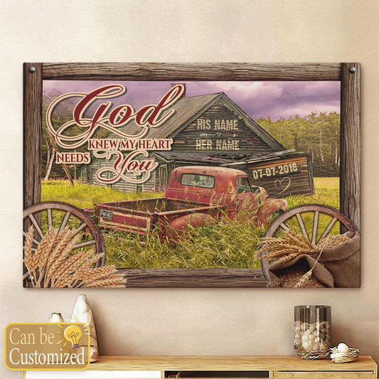 Personalized Canvas Prints Wedding Anniversary Gifts God Knew My Heart Needed You Vintage US Barn And Red Pick Up Truck Wall Art Decor