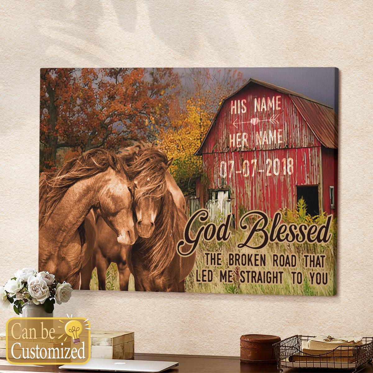 Personalized Canvas Prints Anniversary Wedding Gifts God Blessed The Broken Road Barn And Horses Wall Art Decor