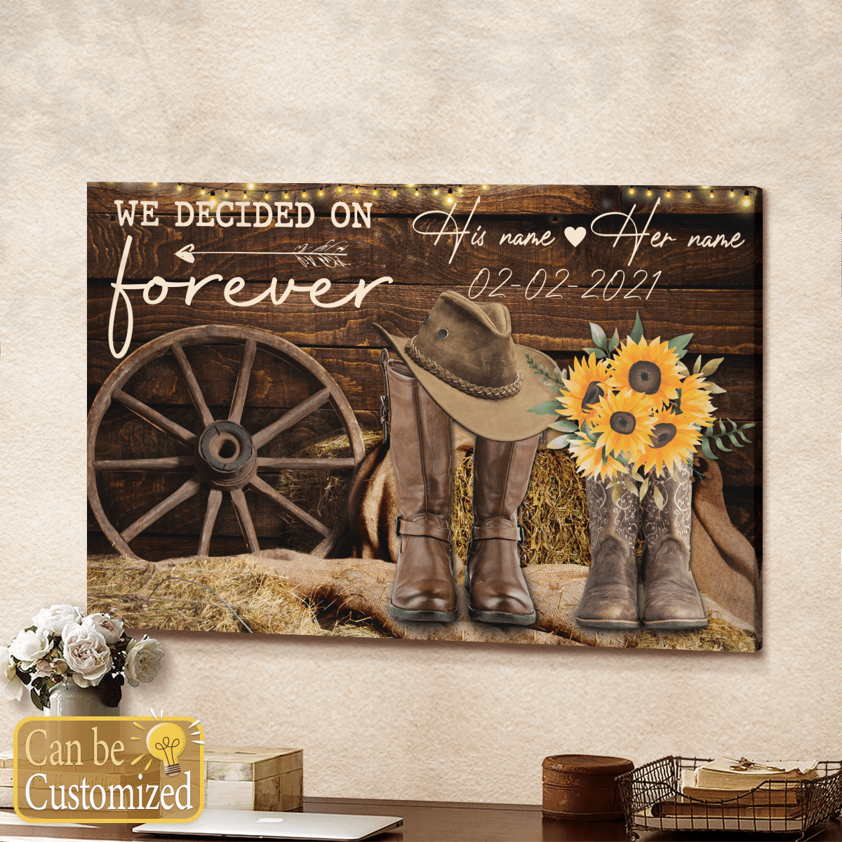 We Decided On Forever Sunflower Cowboy Boots Couple Custom Canvas Personalized Gifts Wedding Anniversary Gifts Wall Art Decor