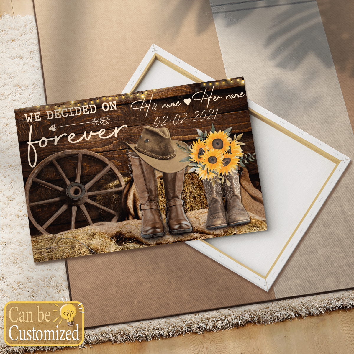 We Decided On Forever Sunflower Cowboy Boots Couple Custom Canvas Personalized Gifts Wedding Anniversary Gifts Wall Art Decor