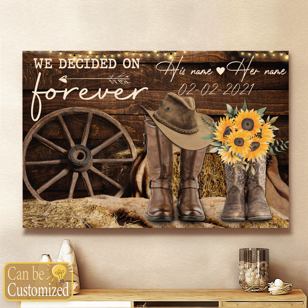 We Decided On Forever Sunflower Cowboy Boots Couple Custom Canvas Personalized Gifts Wedding Anniversary Gifts Wall Art Decor